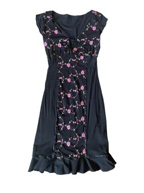 Y2K sheer Black Floral Embroidered Midi Slip Dress with Pink Accent flowers